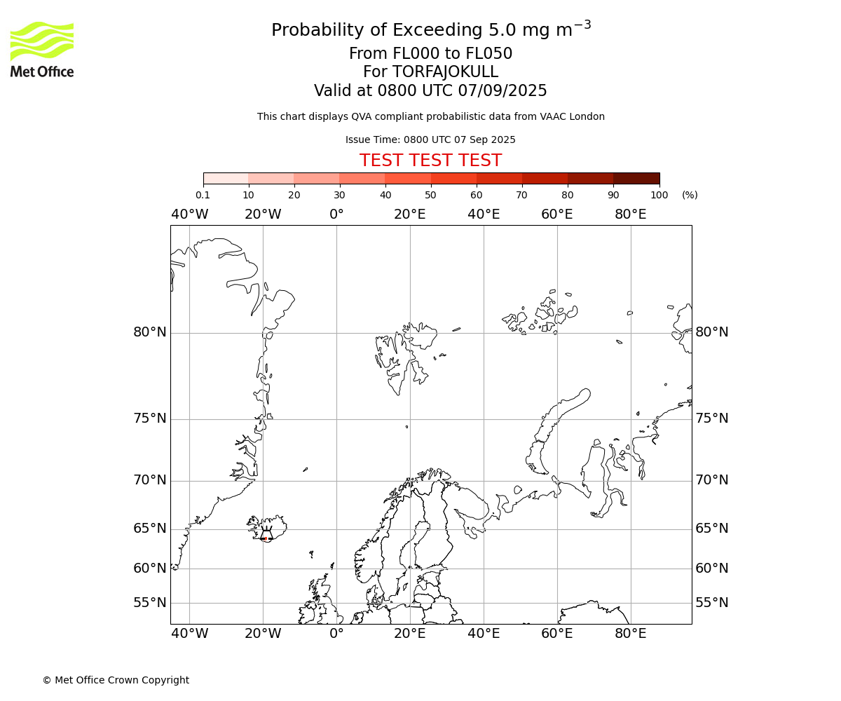 Probability of exceeding 5.0 milligrams per metre cubed. From 000 to 050 for TORFAJOKULL. Valid at 0800 UTC 07/09/2025