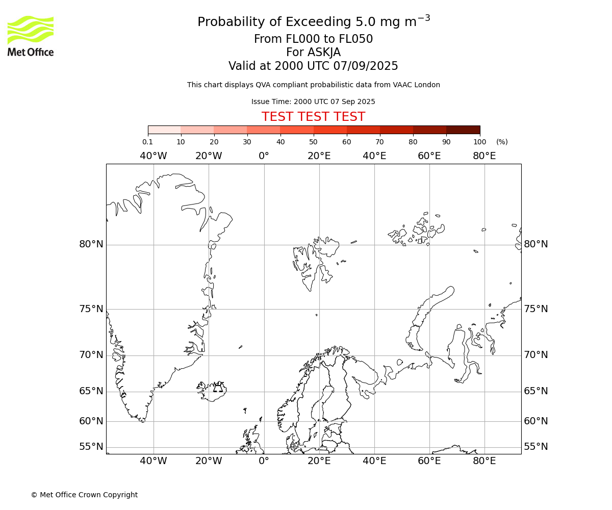 Probability of exceeding 5.0 milligrams per metre cubed. From 000 to 050 for ASKJA. Valid at 2000 UTC 07/09/2025