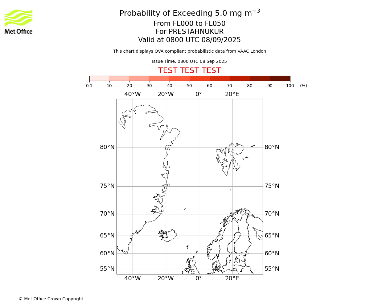 Probability of exceeding 5.0 milligrams per metre cubed. From 000 to 050 for PRESTAHNUKUR. Valid at 0800 UTC 08/09/2025