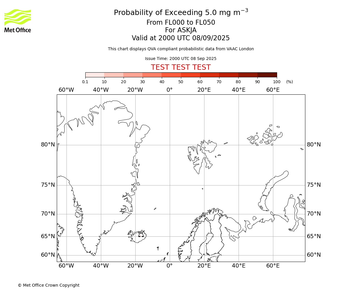 Probability of exceeding 5.0 milligrams per metre cubed. From 000 to 050 for ASKJA. Valid at 2000 UTC 08/09/2025