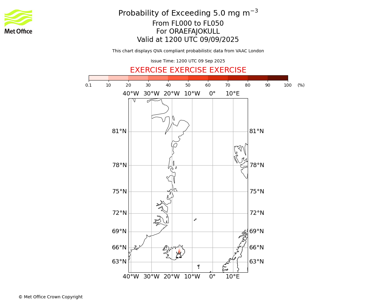 Probability of exceeding 5.0 milligrams per metre cubed. From 000 to 050 for ORAEFAJOKULL. Valid at 1200 UTC 09/09/2025