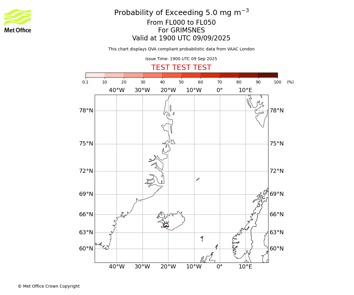 Probability of exceeding 5.0 milligrams per metre cubed. From 000 to 050 for GRIMSNES. Valid at 1900 UTC 09/09/2025