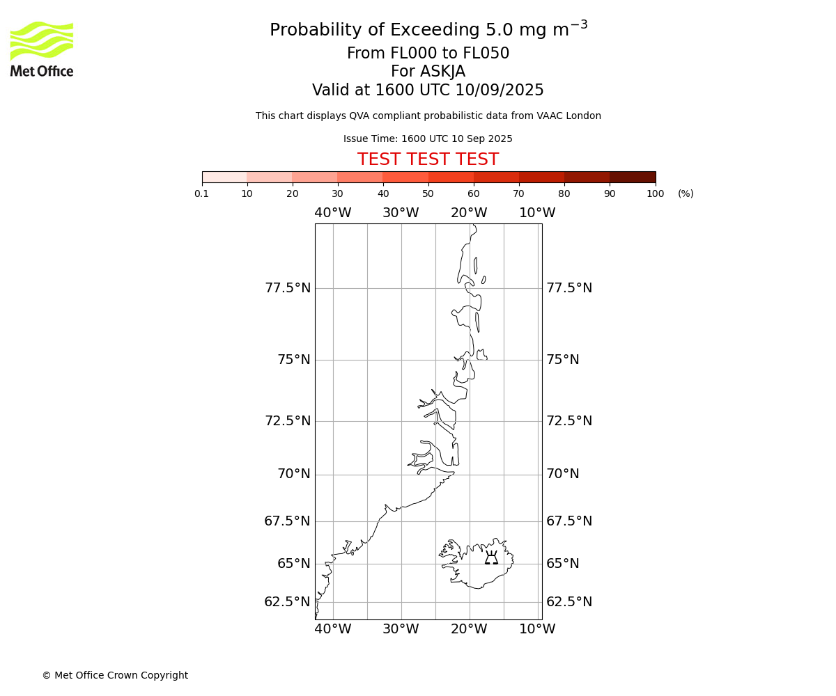 Probability of exceeding 5.0 milligrams per metre cubed. From 000 to 050 for ASKJA. Valid at 1600 UTC 10/09/2025