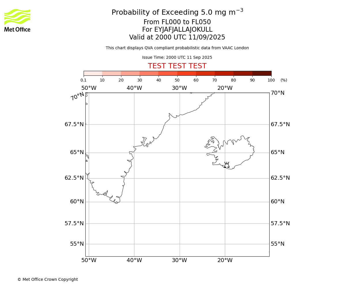 Probability of exceeding 5.0 milligrams per metre cubed. From 000 to 050 for EYJAFJALLAJOKULL. Valid at 2000 UTC 11/09/2025