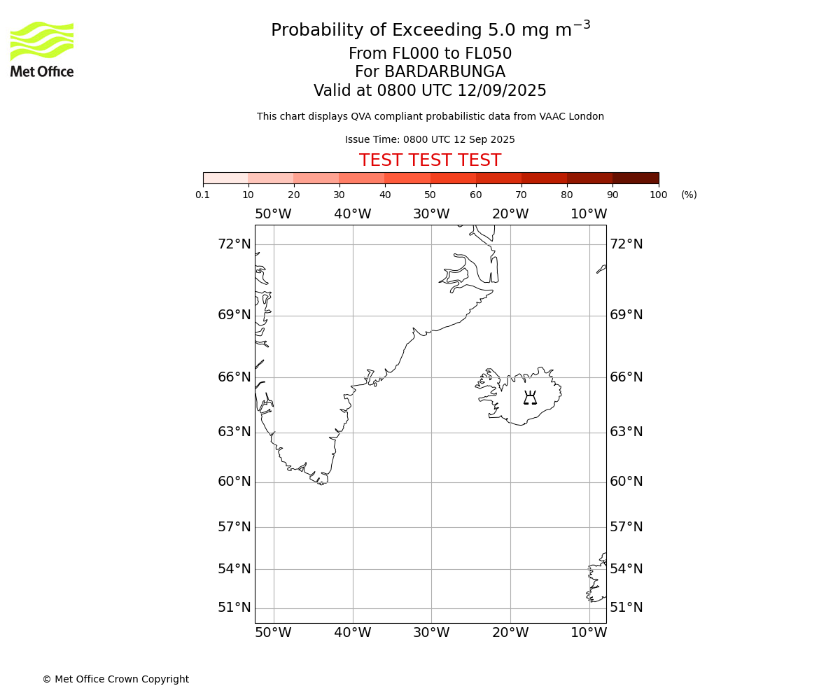 Probability of exceeding 5.0 milligrams per metre cubed. From 000 to 050 for BARDARBUNGA. Valid at 0800 UTC 12/09/2025