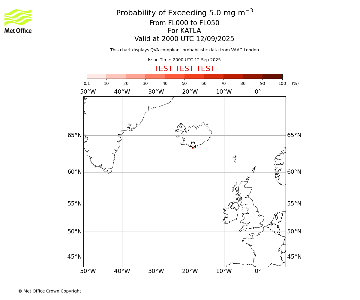 Probability of exceeding 5.0 milligrams per metre cubed. From 000 to 050 for KATLA. Valid at 2000 UTC 12/09/2025