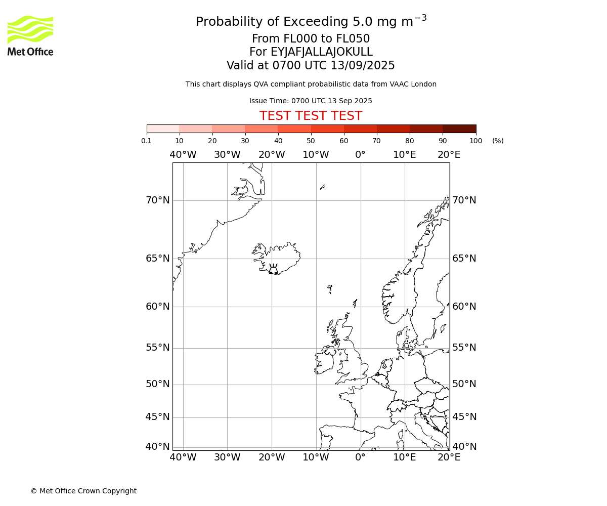 Probability of exceeding 5.0 milligrams per metre cubed. From 000 to 050 for EYJAFJALLAJOKULL. Valid at 0700 UTC 13/09/2025