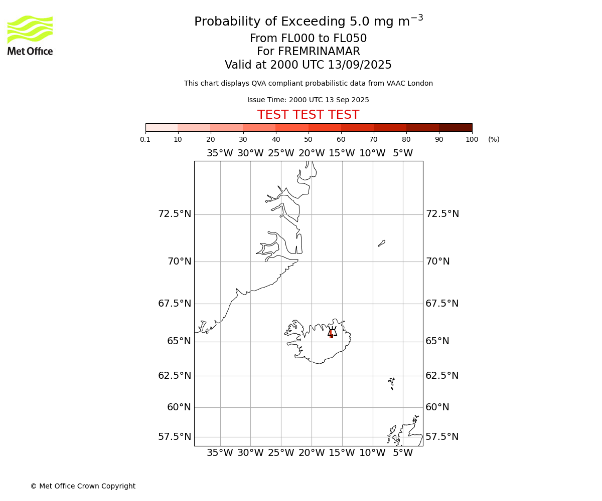 Probability of exceeding 5.0 milligrams per metre cubed. From 000 to 050 for FREMRINAMAR. Valid at 2000 UTC 13/09/2025