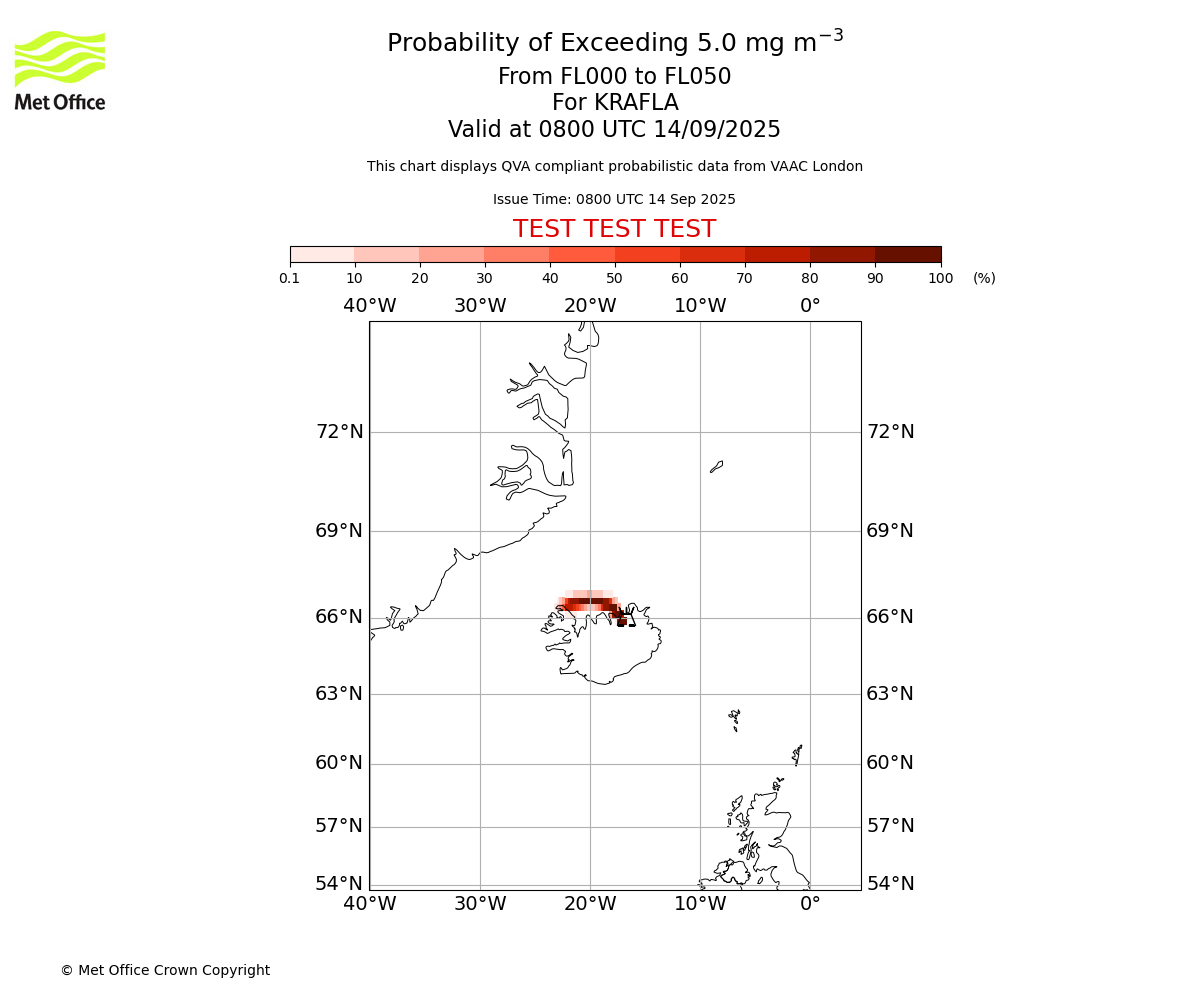 Probability of exceeding 5.0 milligrams per metre cubed. From 000 to 050 for KRAFLA. Valid at 0800 UTC 14/09/2025