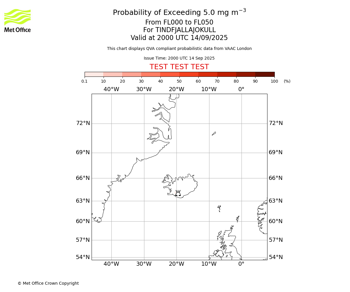 Probability of exceeding 5.0 milligrams per metre cubed. From 000 to 050 for TINDFJALLAJOKULL. Valid at 2000 UTC 14/09/2025