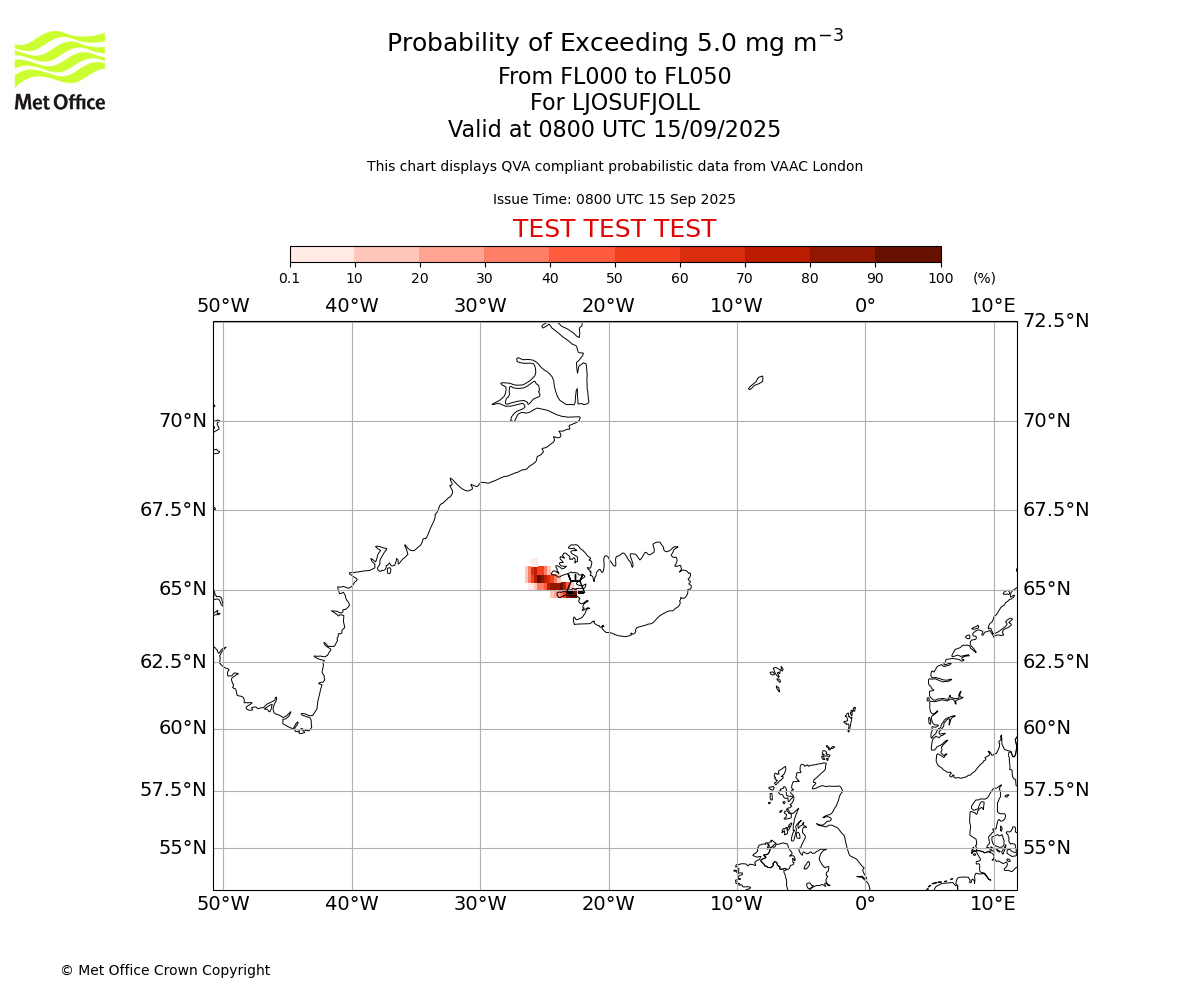 Probability of exceeding 5.0 milligrams per metre cubed. From 000 to 050 for LJOSUFJOLL. Valid at 0800 UTC 15/09/2025