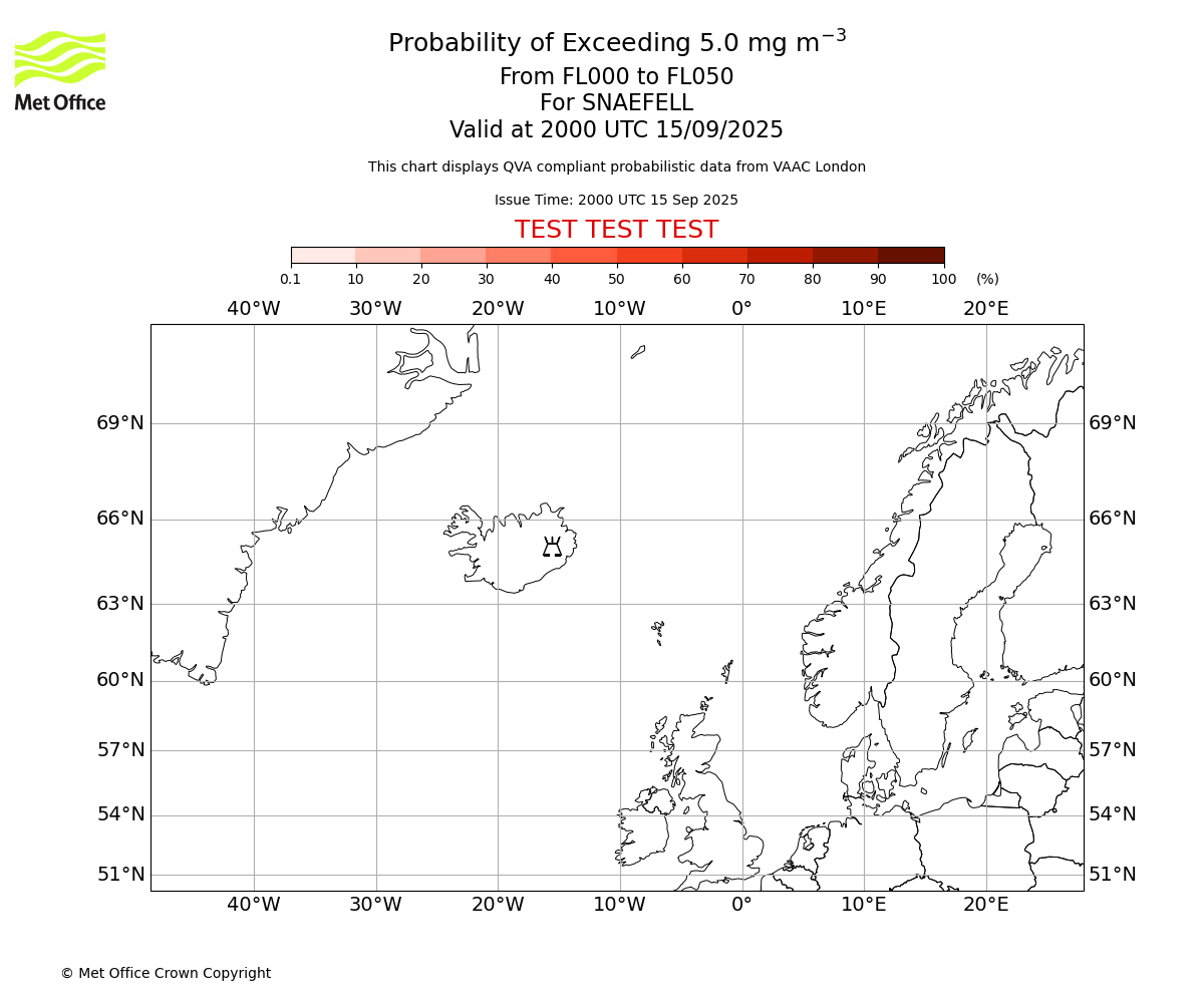 Probability of exceeding 5.0 milligrams per metre cubed. From 000 to 050 for SNAEFELL. Valid at 2000 UTC 15/09/2025