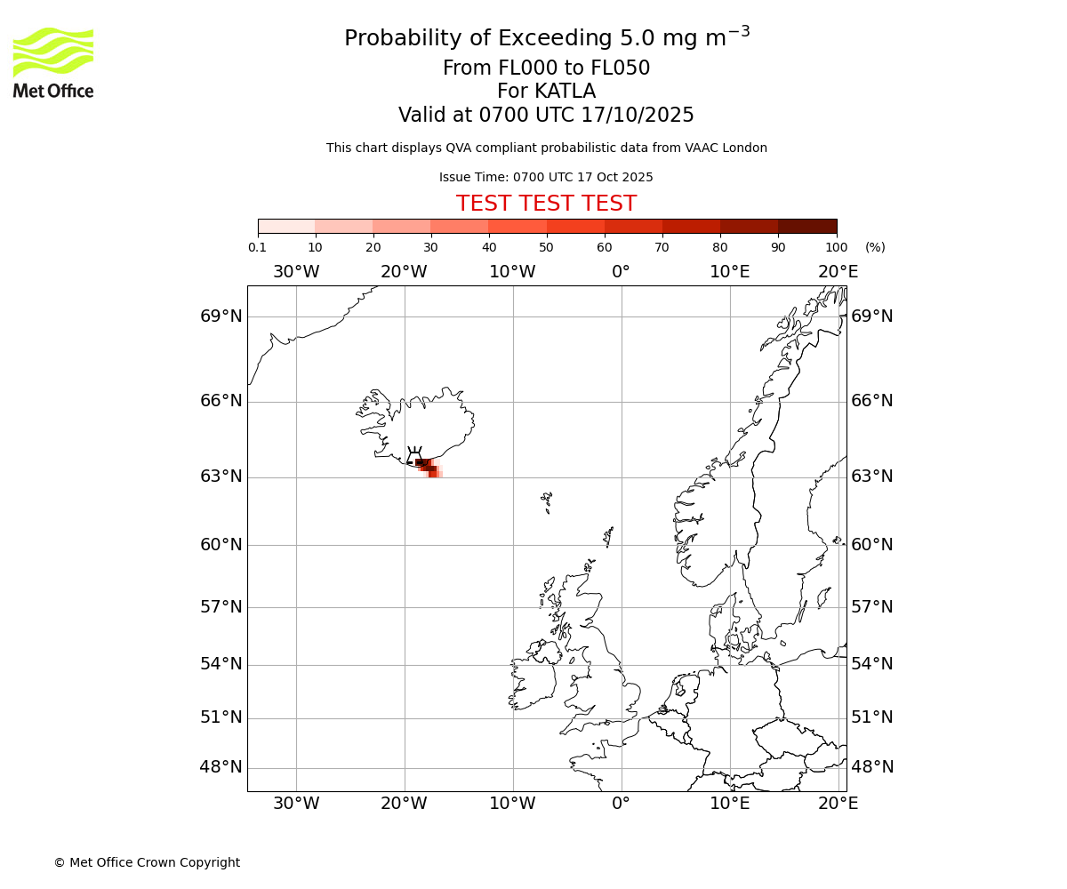 Probability of exceeding 5.0 milligrams per metre cubed. From 000 to 050 for KATLA. Valid at 0700 UTC 17/10/2025