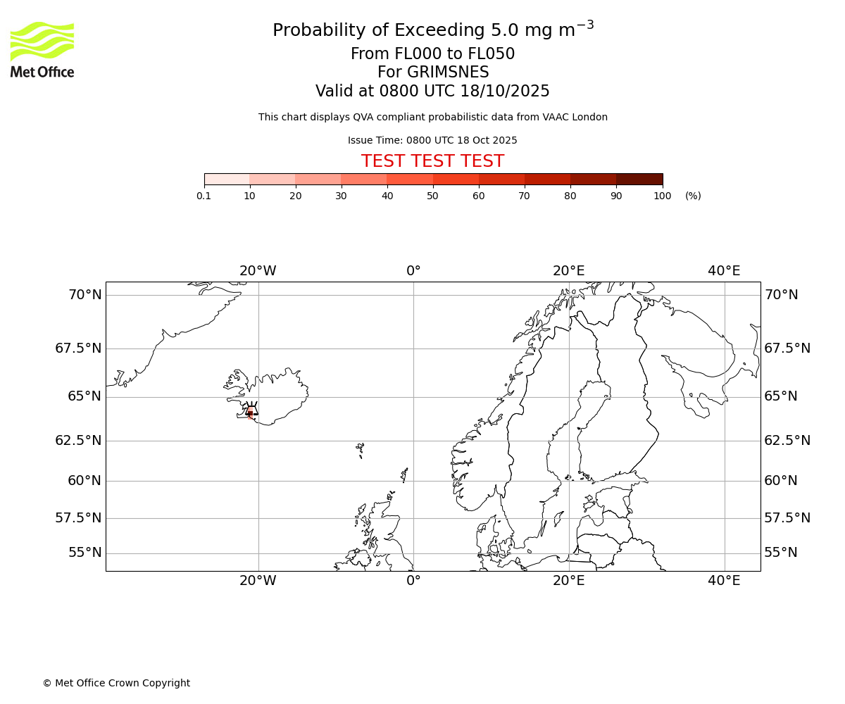 Probability of exceeding 5.0 milligrams per metre cubed. From 000 to 050 for GRIMSNES. Valid at 0800 UTC 18/10/2025