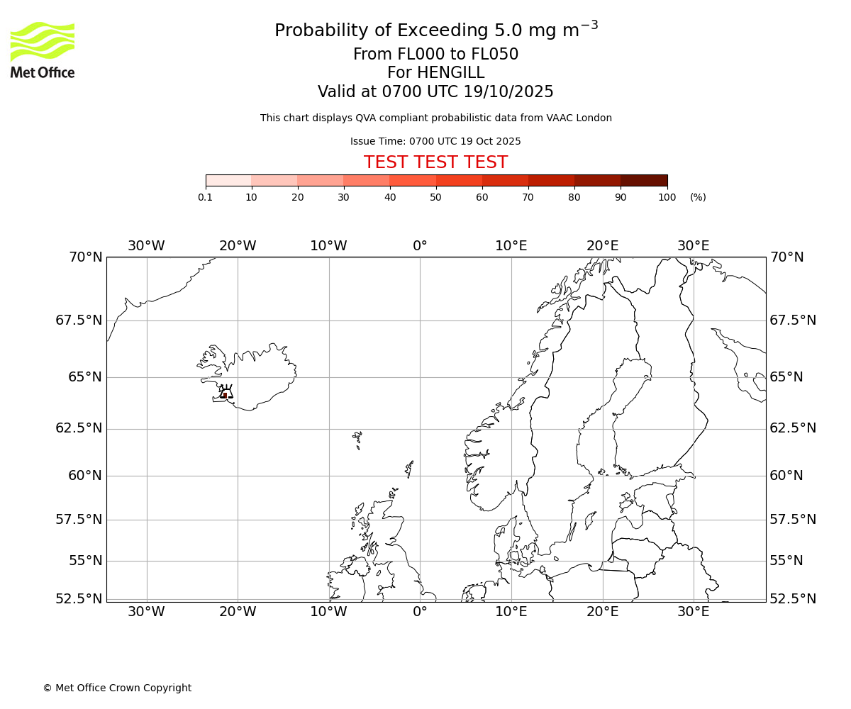 Probability of exceeding 5.0 milligrams per metre cubed. From 000 to 050 for HENGILL. Valid at 0700 UTC 19/10/2025
