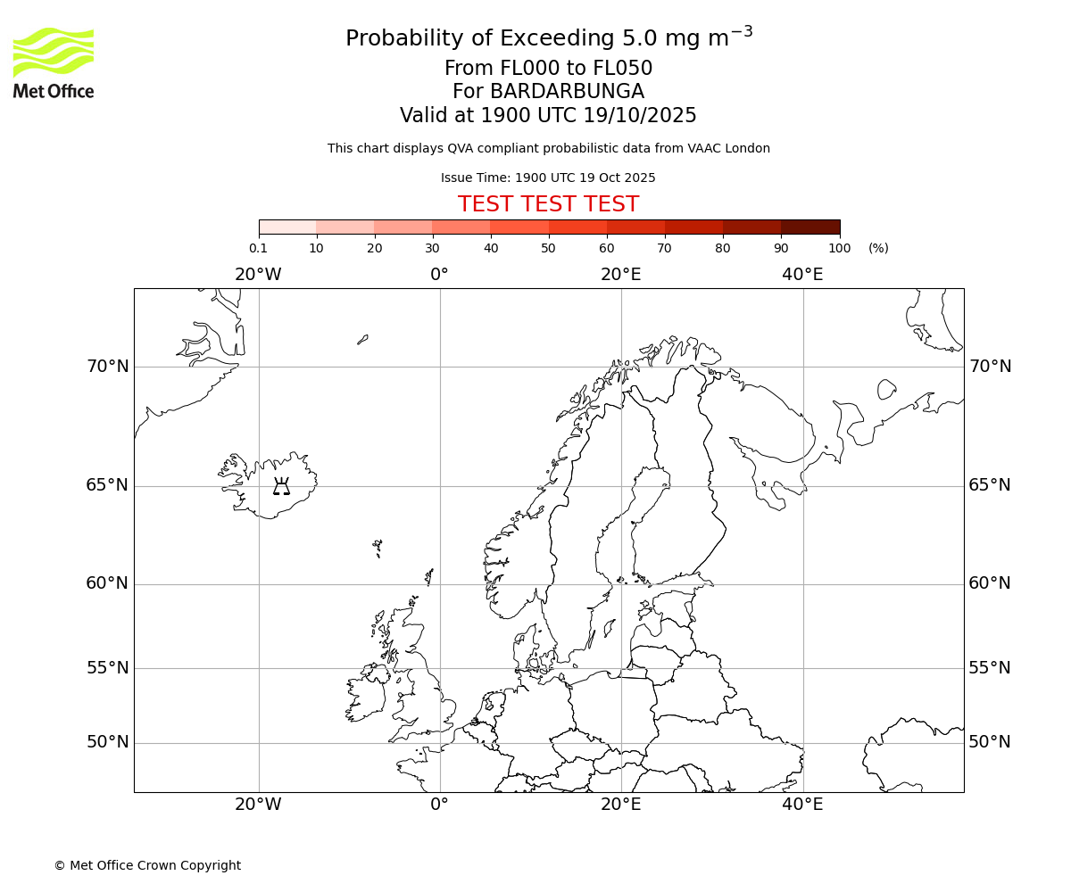 Probability of exceeding 5.0 milligrams per metre cubed. From 000 to 050 for BARDARBUNGA. Valid at 1900 UTC 19/10/2025