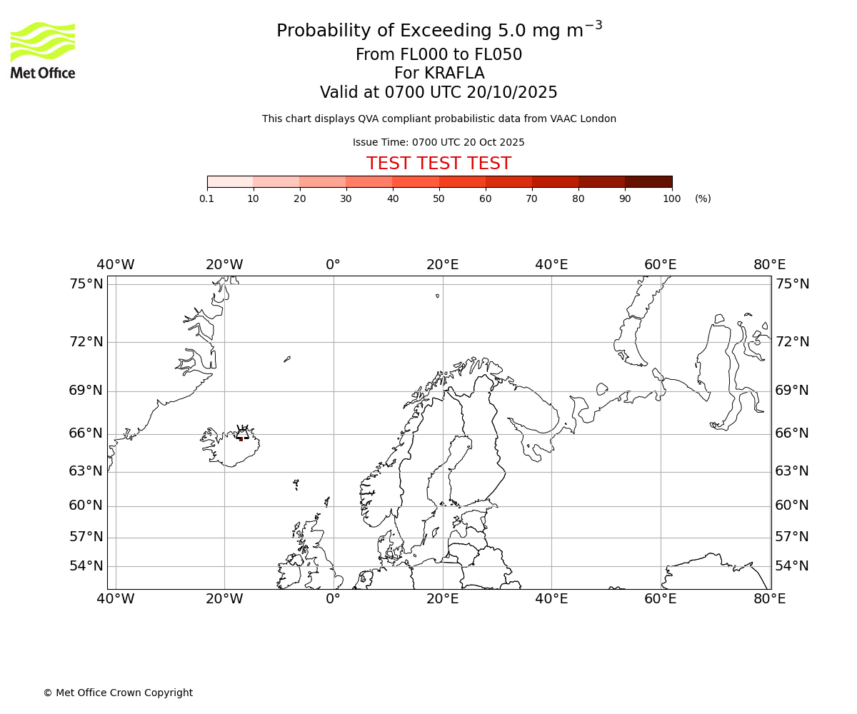 Probability of exceeding 5.0 milligrams per metre cubed. From 000 to 050 for KRAFLA. Valid at 0700 UTC 20/10/2025