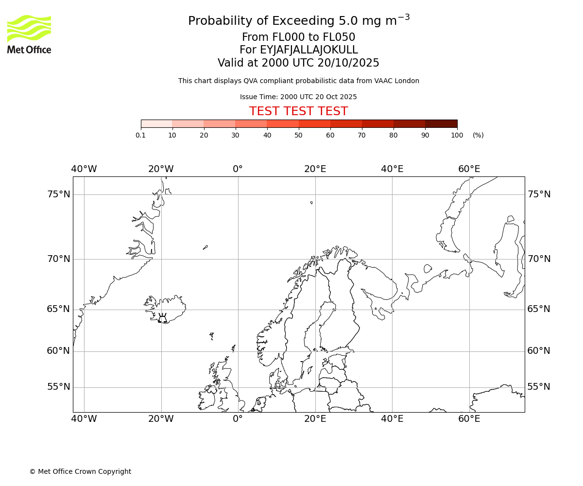 Probability of exceeding 5.0 milligrams per metre cubed. From 000 to 050 for EYJAFJALLAJOKULL. Valid at 2000 UTC 20/10/2025
