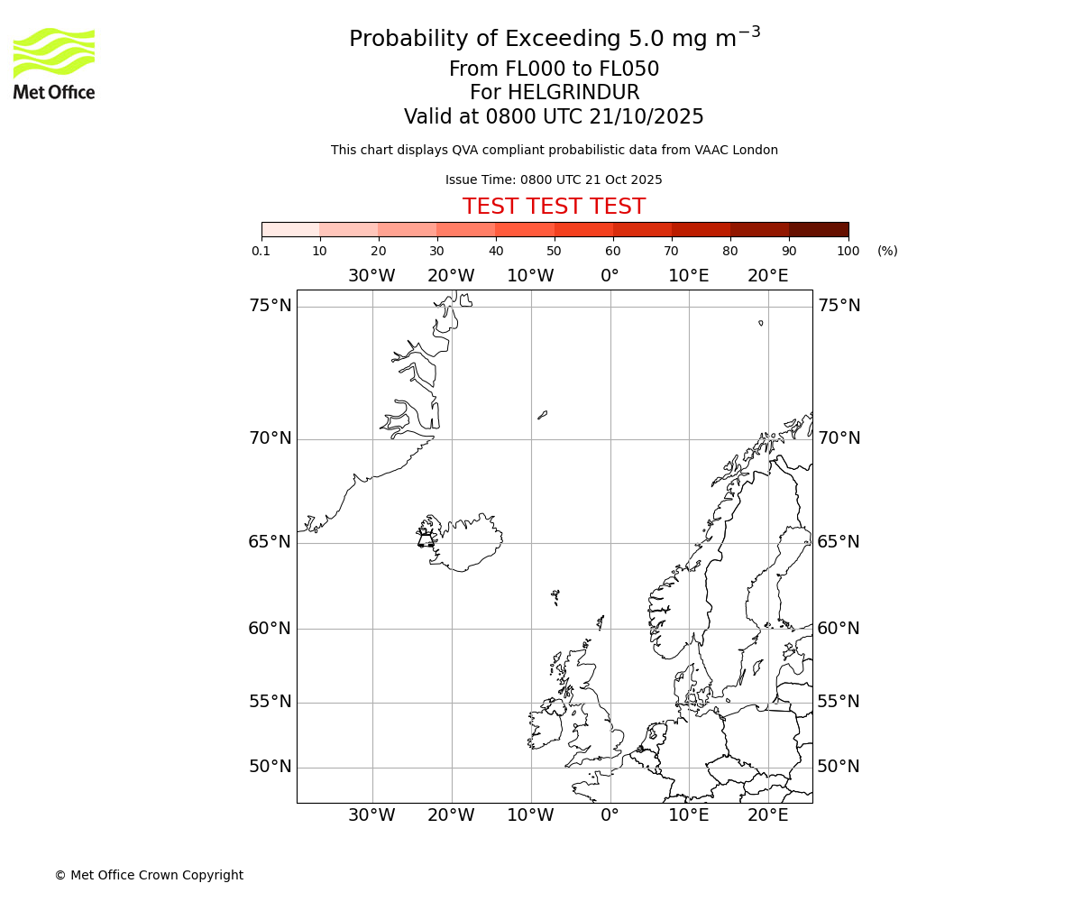 Probability of exceeding 5.0 milligrams per metre cubed. From 000 to 050 for HELGRINDUR. Valid at 0800 UTC 21/10/2025