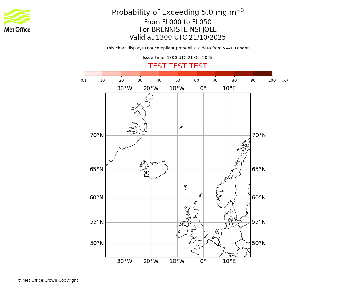 Probability of exceeding 5.0 milligrams per metre cubed. From 000 to 050 for BRENNISTEINSFJOLL. Valid at 1300 UTC 21/10/2025