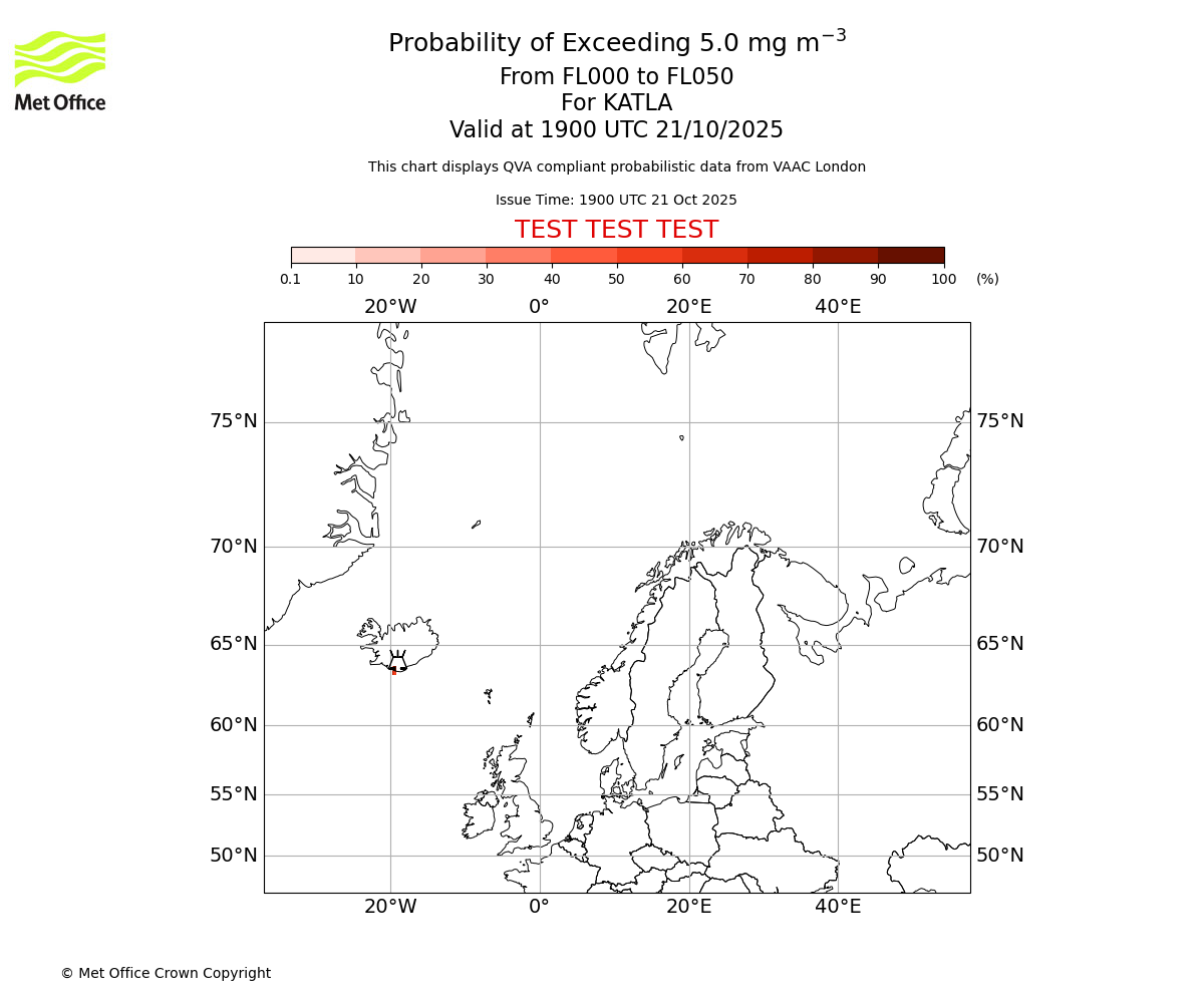 Probability of exceeding 5.0 milligrams per metre cubed. From 000 to 050 for KATLA. Valid at 1900 UTC 21/10/2025