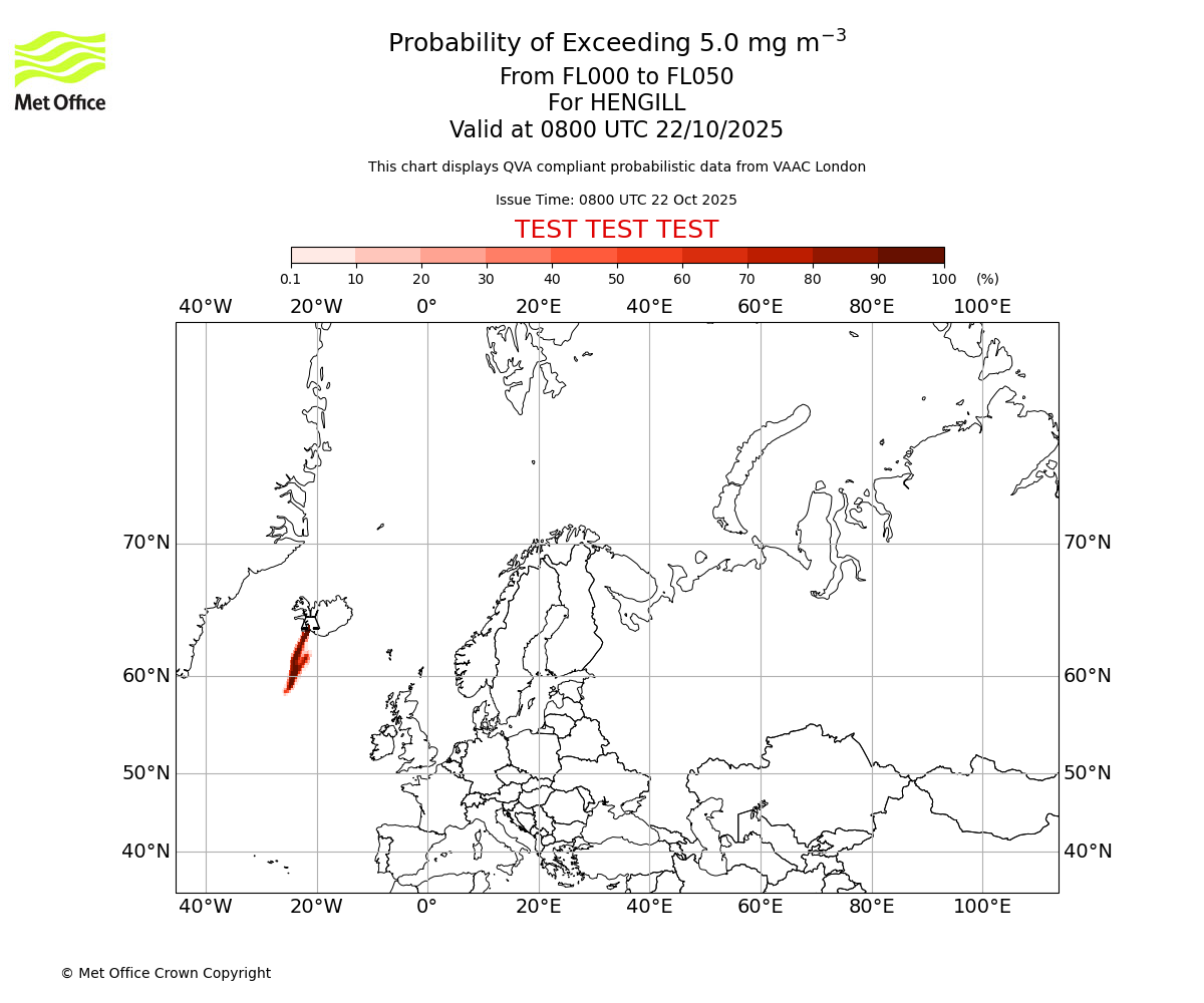 Probability of exceeding 5.0 milligrams per metre cubed. From 000 to 050 for HENGILL. Valid at 0800 UTC 22/10/2025