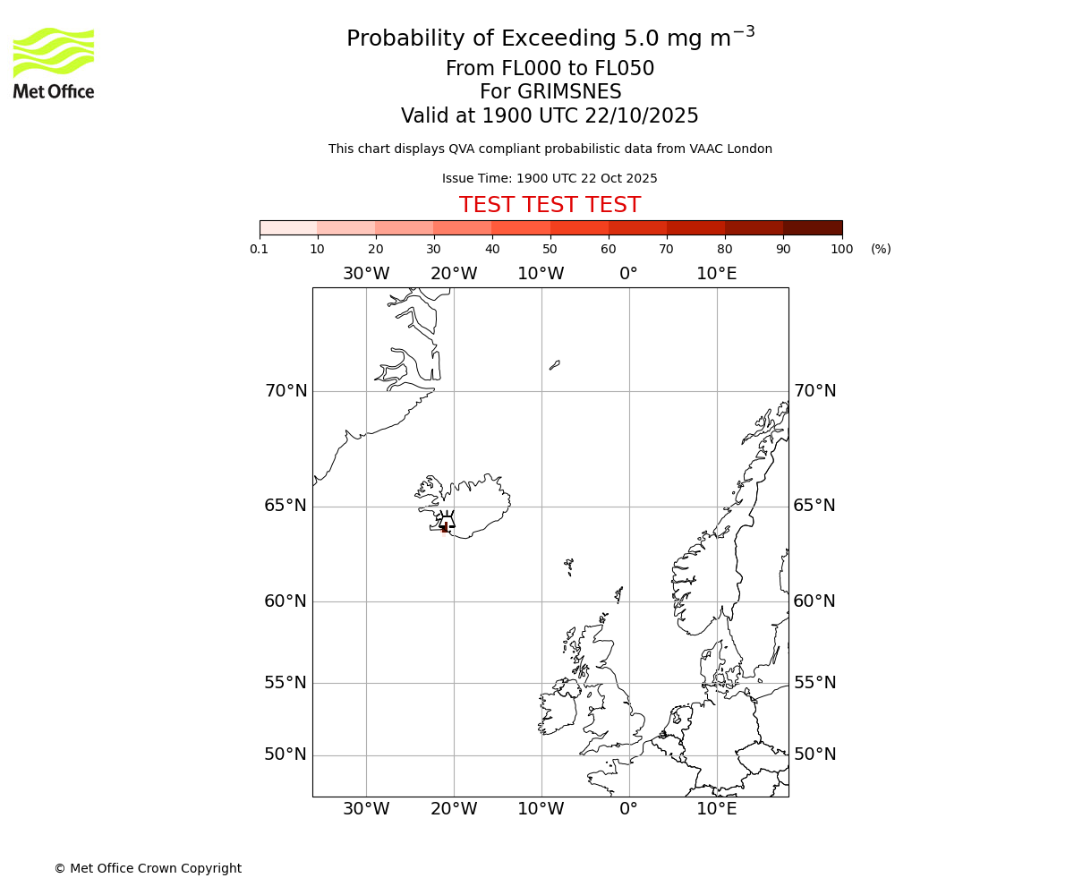 Probability of exceeding 5.0 milligrams per metre cubed. From 000 to 050 for GRIMSNES. Valid at 1900 UTC 22/10/2025