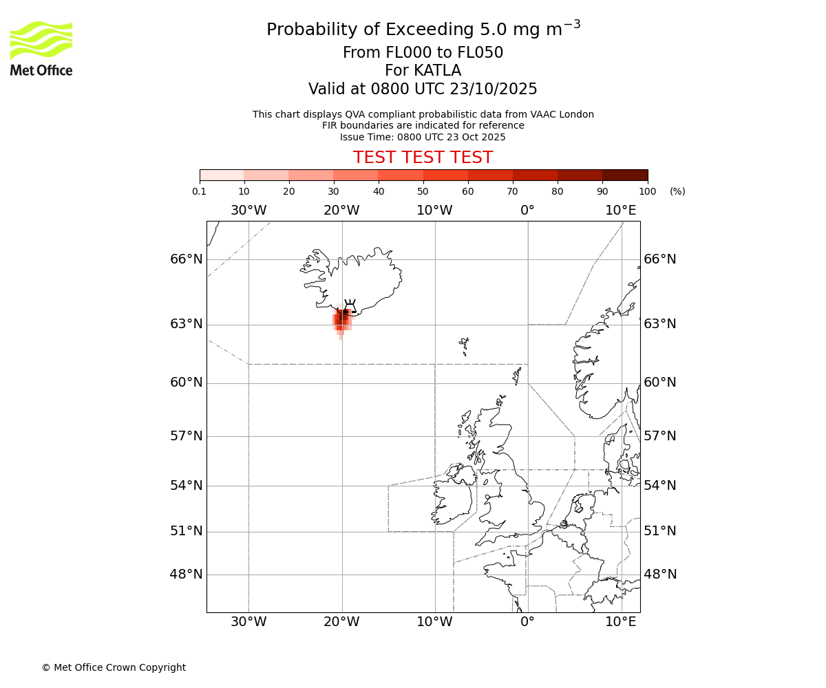 Probability of exceeding 5.0 milligrams per metre cubed. From 000 to 050 for KATLA. Valid at 0800 UTC 23/10/2025