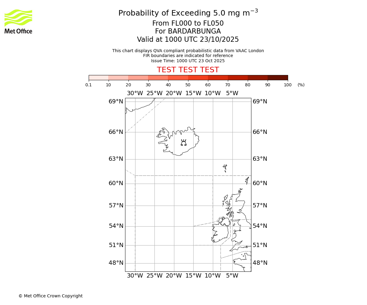 Probability of exceeding 5.0 milligrams per metre cubed. From 000 to 050 for BARDARBUNGA. Valid at 1000 UTC 23/10/2025