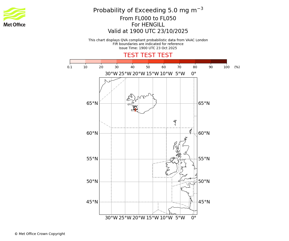 Probability of exceeding 5.0 milligrams per metre cubed. From 000 to 050 for HENGILL. Valid at 1900 UTC 23/10/2025