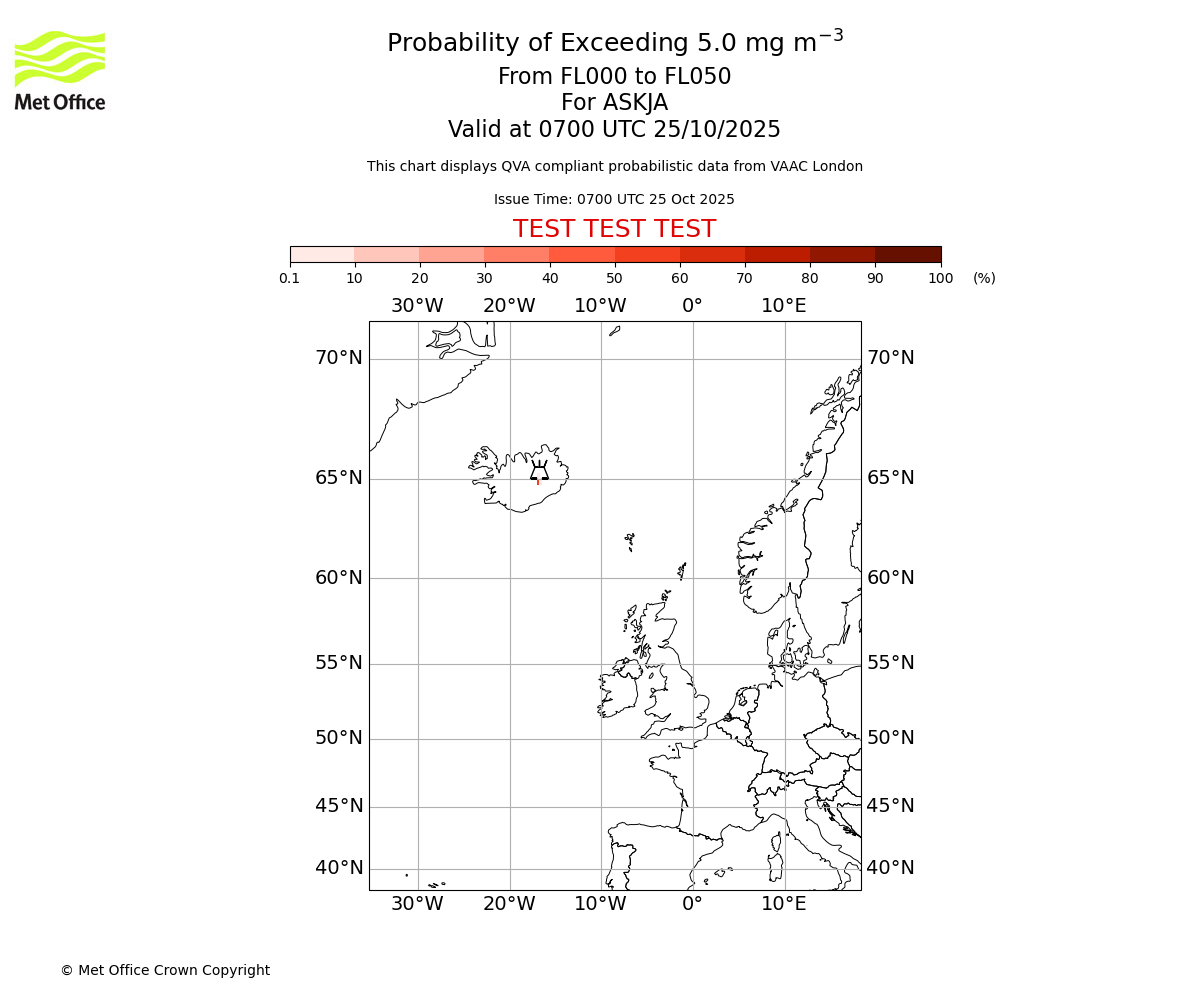 Probability of exceeding 5.0 milligrams per metre cubed. From 000 to 050 for ASKJA. Valid at 0700 UTC 25/10/2025
