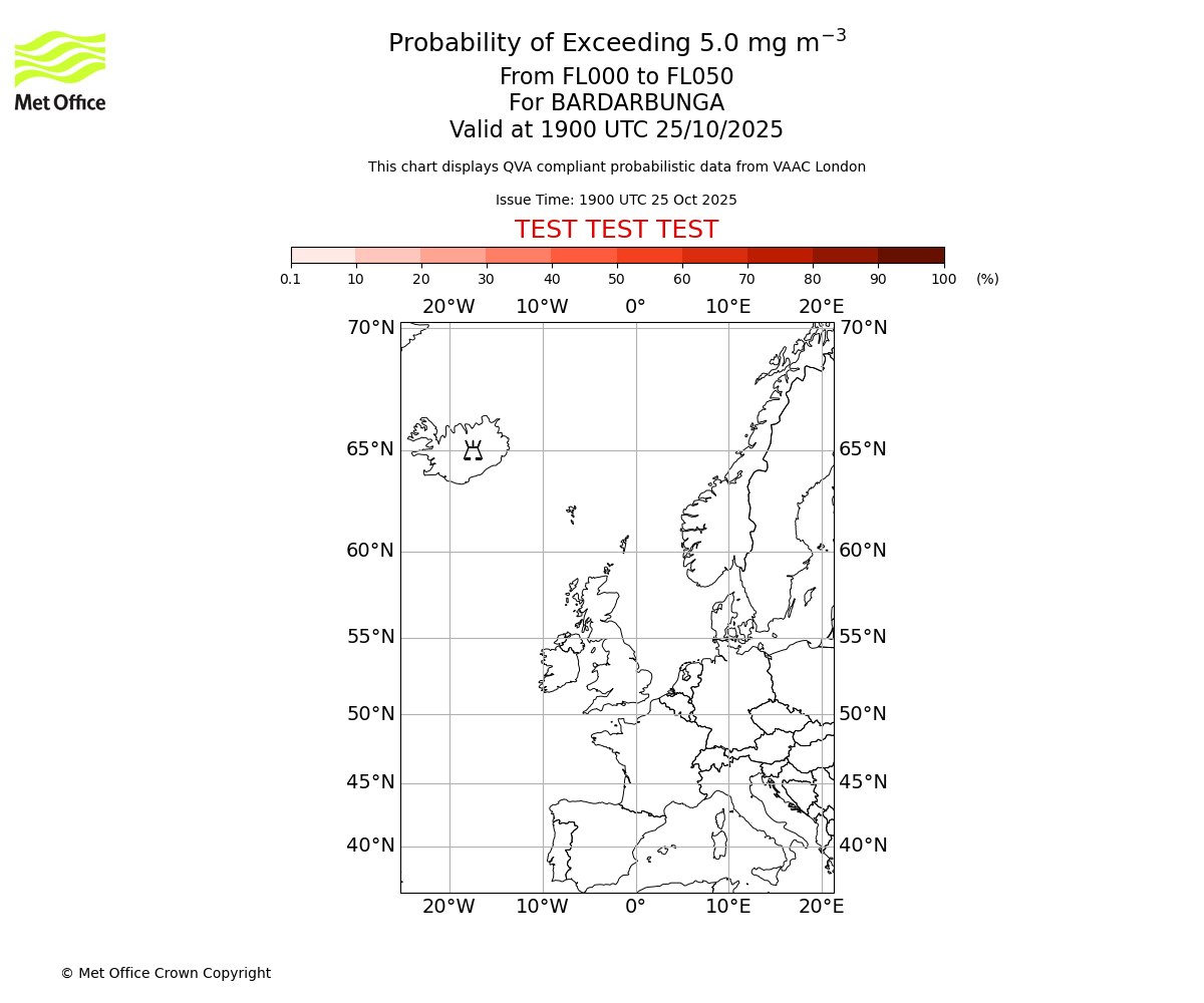 Probability of exceeding 5.0 milligrams per metre cubed. From 000 to 050 for BARDARBUNGA. Valid at 1900 UTC 25/10/2025