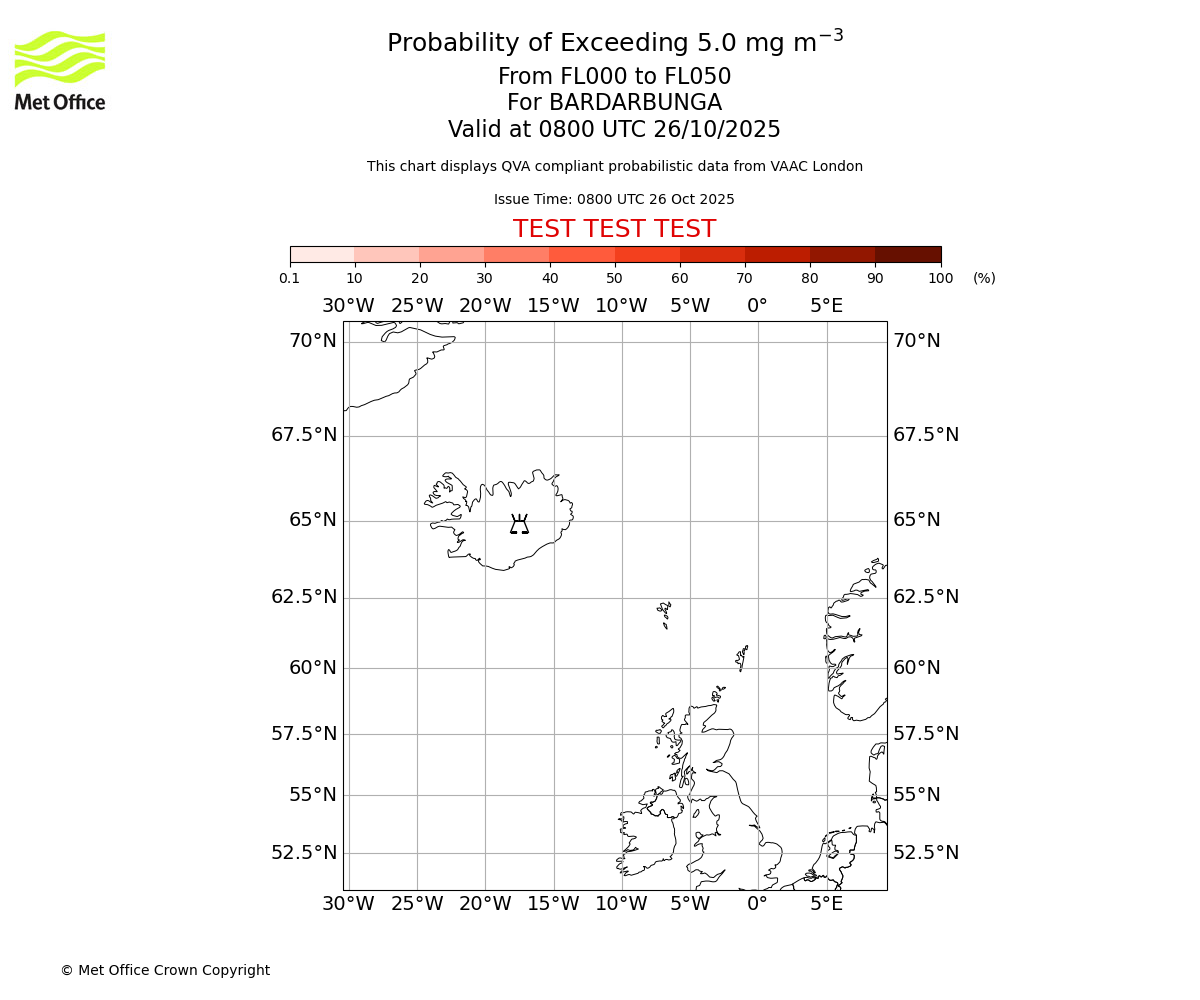 Probability of exceeding 5.0 milligrams per metre cubed. From 000 to 050 for BARDARBUNGA. Valid at 0800 UTC 26/10/2025