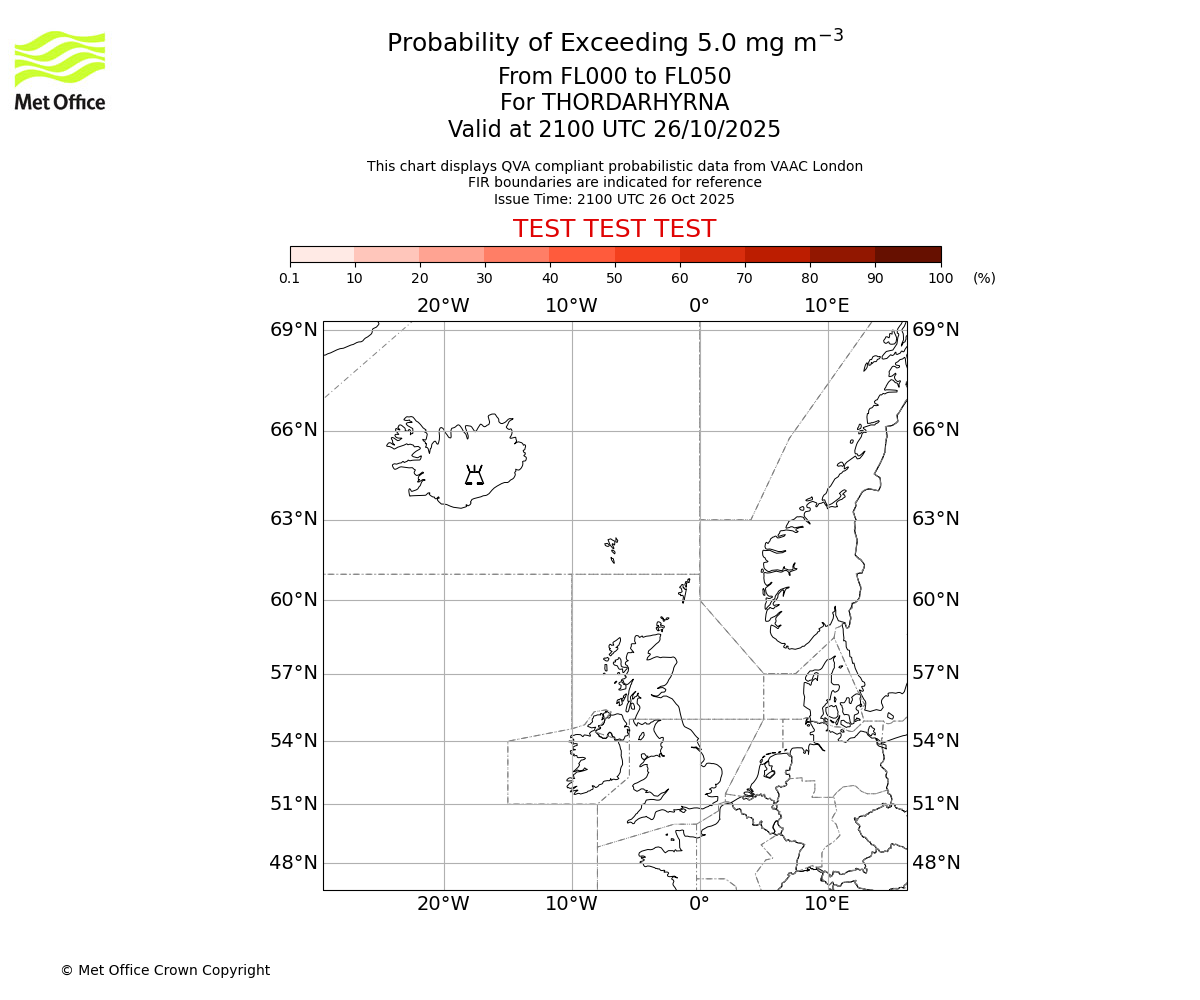 Probability of exceeding 5.0 milligrams per metre cubed. From 000 to 050 for THORDARHYRNA. Valid at 2100 UTC 26/10/2025