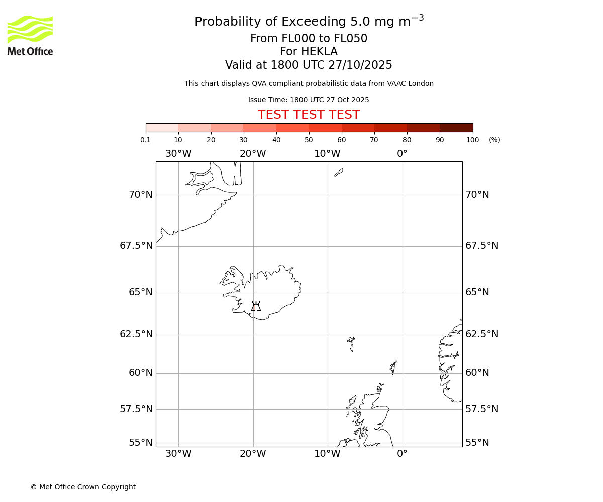 Probability of exceeding 5.0 milligrams per metre cubed. From 000 to 050 for HEKLA. Valid at 1800 UTC 27/10/2025