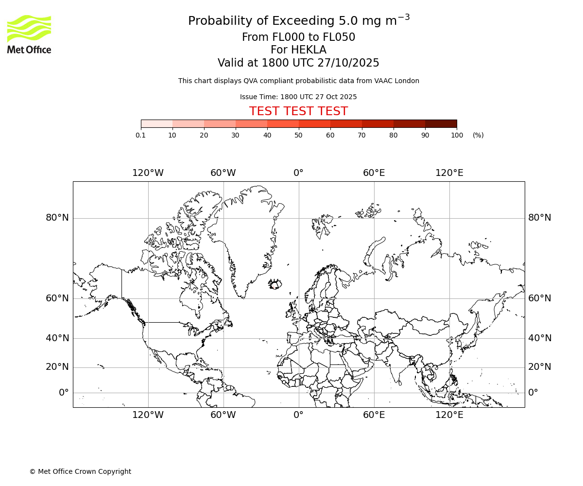 Probability of exceeding 5.0 milligrams per metre cubed. From 000 to 050 for HEKLA. Valid at 1800 UTC 27/10/2025