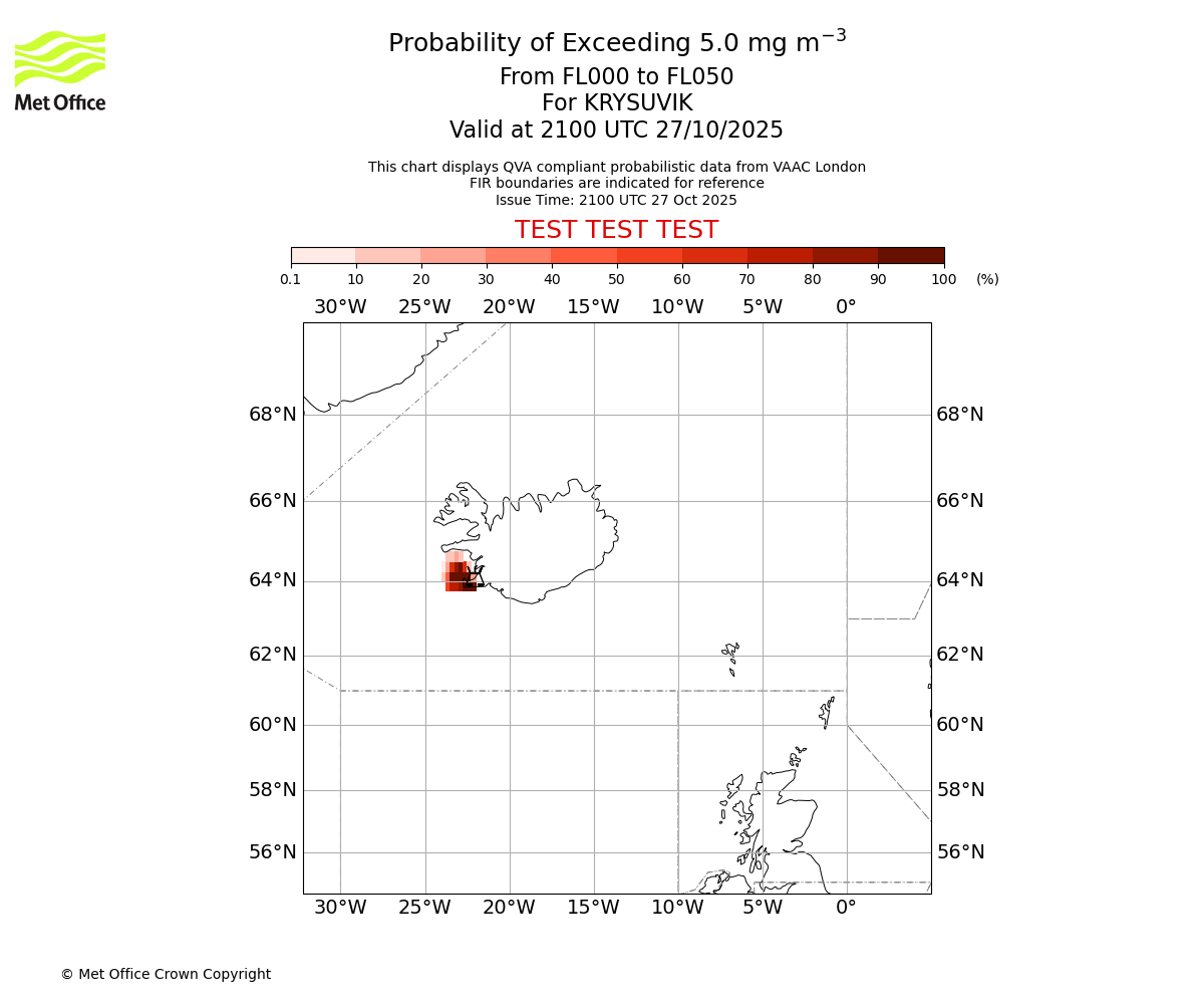 Probability of exceeding 5.0 milligrams per metre cubed. From 000 to 050 for KRYSUVIK. Valid at 2100 UTC 27/10/2025
