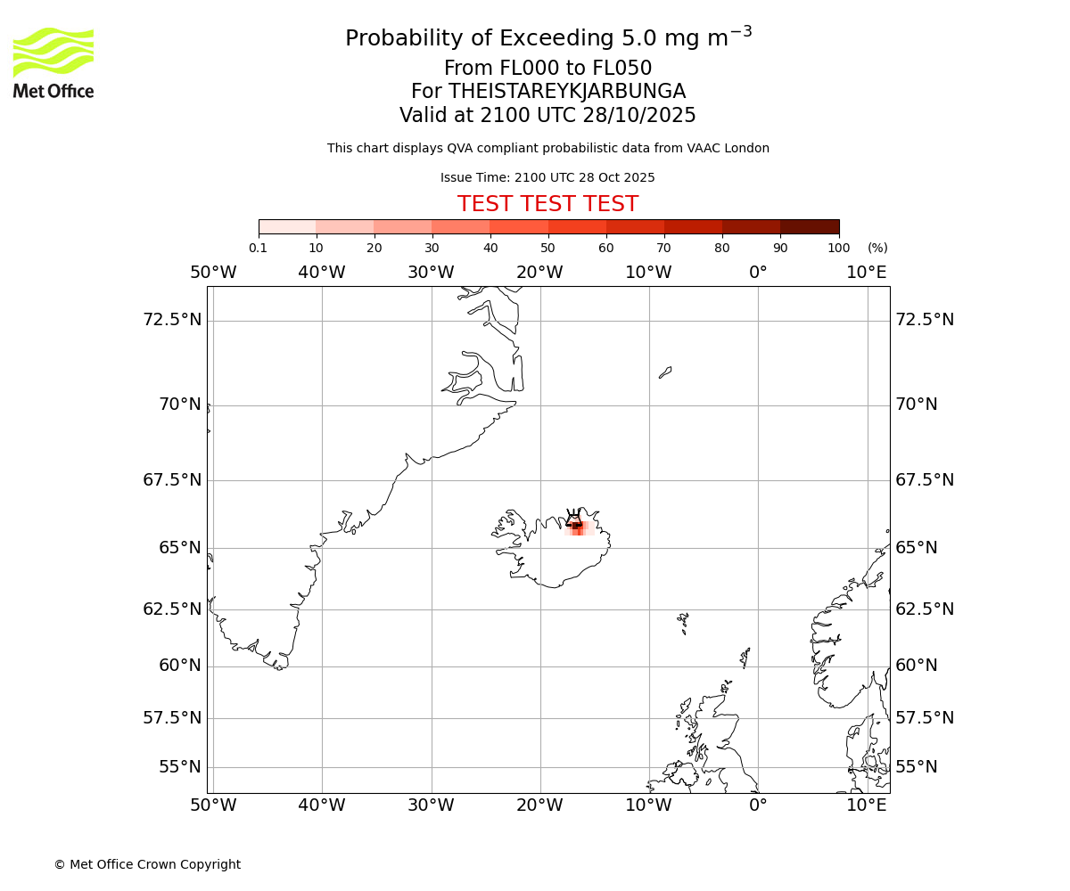 Probability of exceeding 5.0 milligrams per metre cubed. From 000 to 050 for THEISTAREYKJARBUNGA. Valid at 2100 UTC 28/10/2025