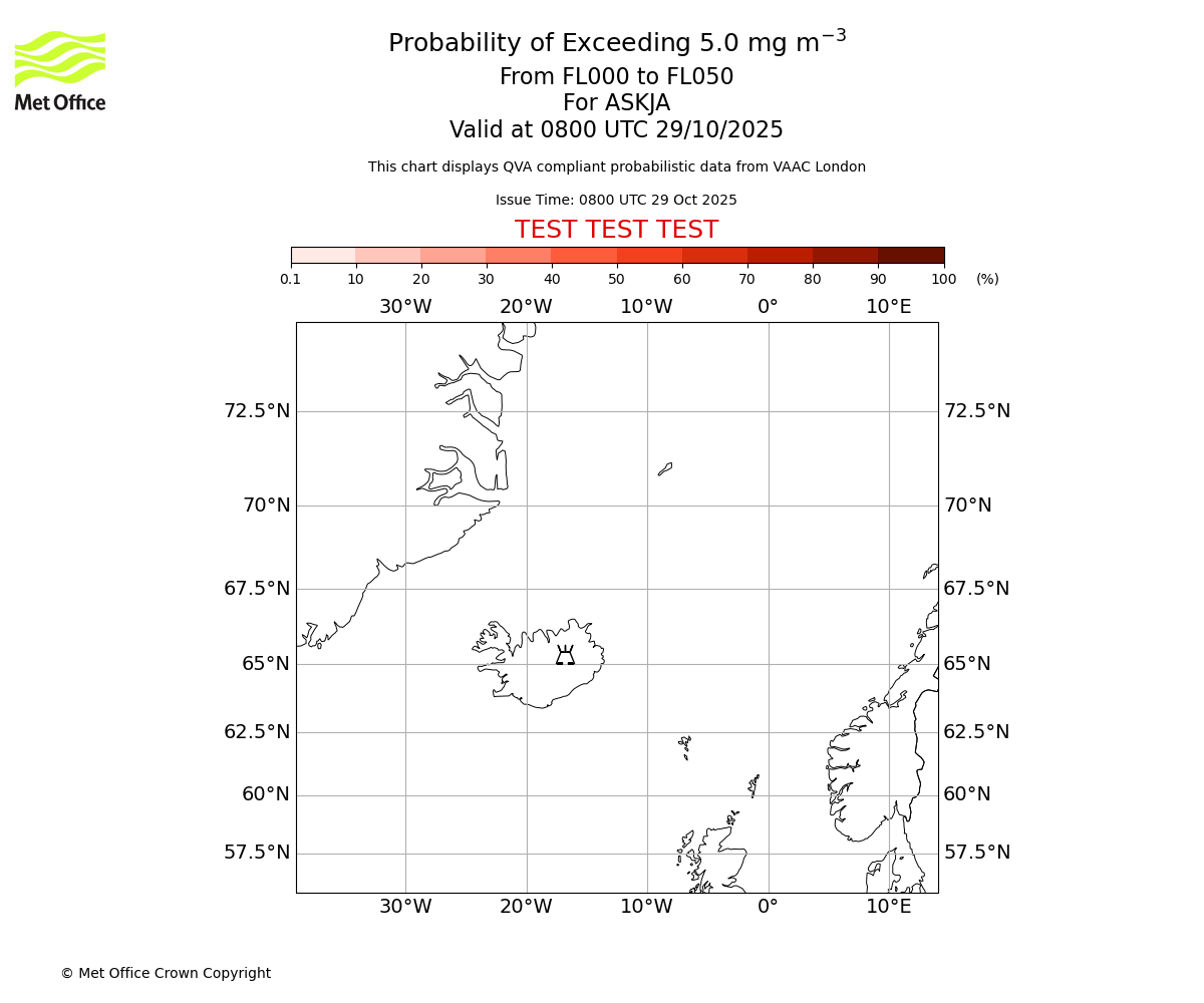 Probability of exceeding 5.0 milligrams per metre cubed. From 000 to 050 for ASKJA. Valid at 0800 UTC 29/10/2025
