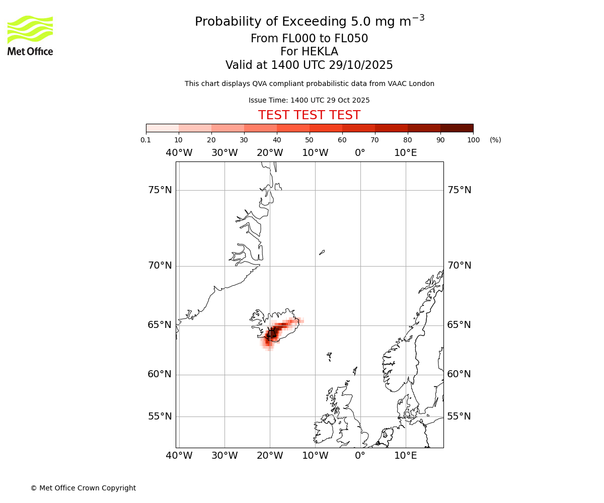 Probability of exceeding 5.0 milligrams per metre cubed. From 000 to 050 for HEKLA. Valid at 1400 UTC 29/10/2025