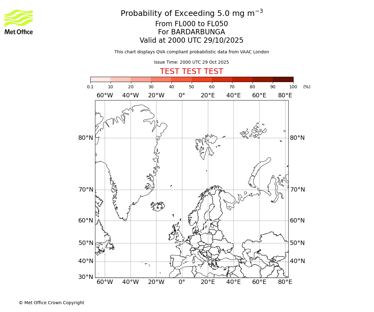 Probability of exceeding 5.0 milligrams per metre cubed. From 000 to 050 for BARDARBUNGA. Valid at 2000 UTC 29/10/2025
