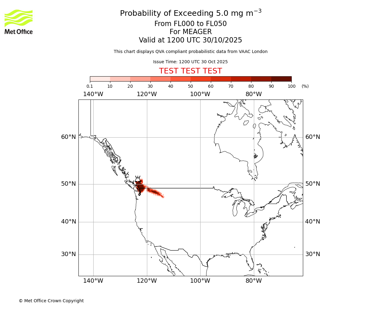 Probability of exceeding 5.0 milligrams per metre cubed. From 000 to 050 for MEAGER. Valid at 1200 UTC 30/10/2025
