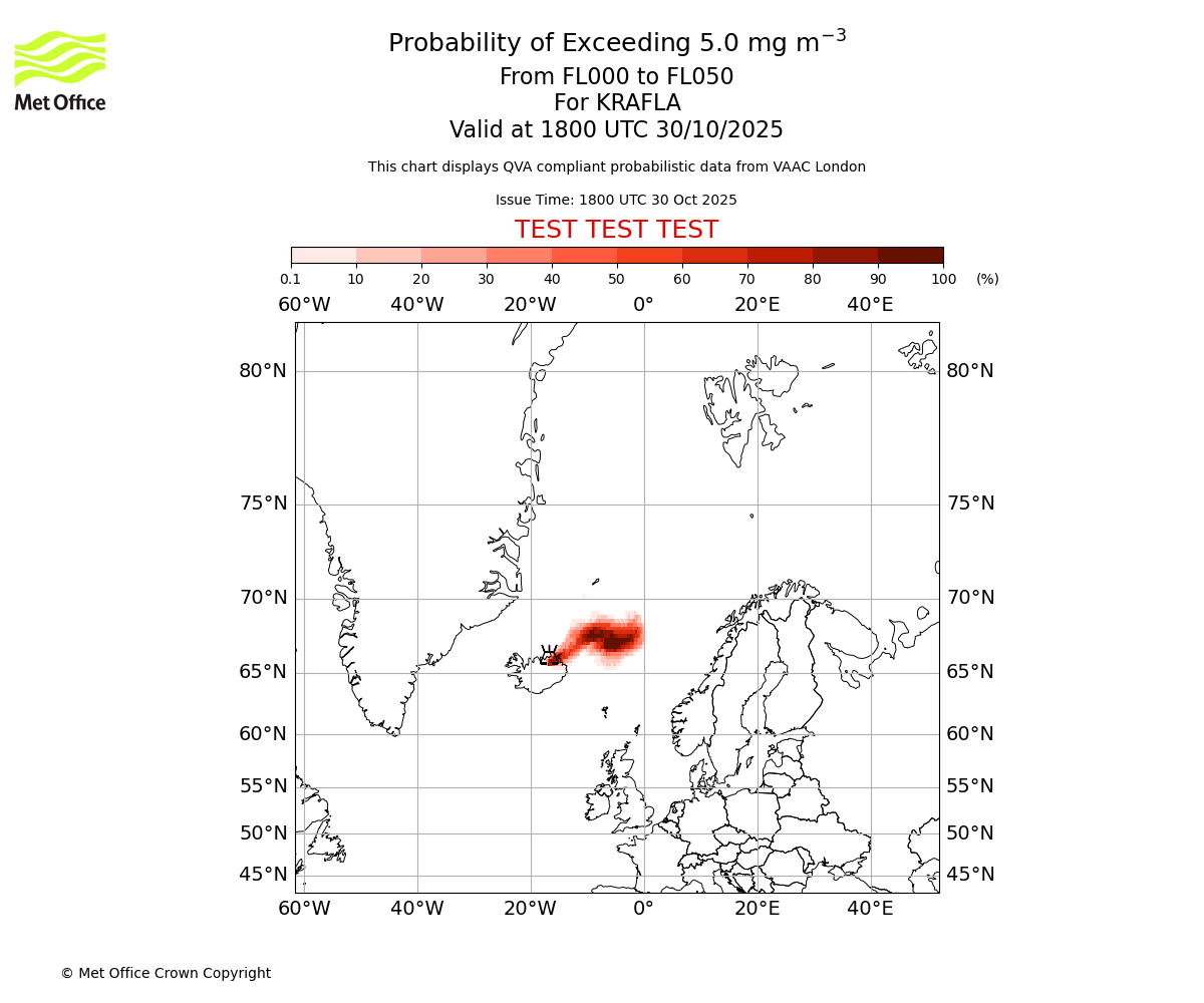 Probability of exceeding 5.0 milligrams per metre cubed. From 000 to 050 for KRAFLA. Valid at 1800 UTC 30/10/2025