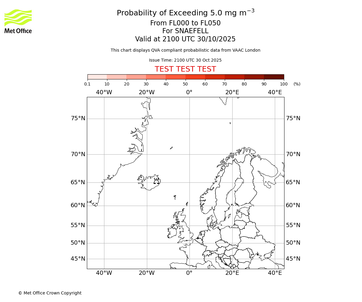 Probability of exceeding 5.0 milligrams per metre cubed. From 000 to 050 for SNAEFELL. Valid at 2100 UTC 30/10/2025