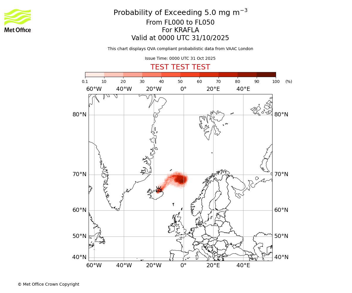 Probability of exceeding 5.0 milligrams per metre cubed. From 000 to 050 for KRAFLA. Valid at 0000 UTC 31/10/2025