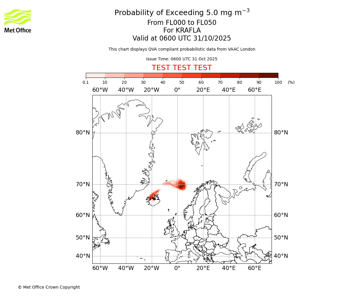 Probability of exceeding 5.0 milligrams per metre cubed. From 000 to 050 for KRAFLA. Valid at 0600 UTC 31/10/2025