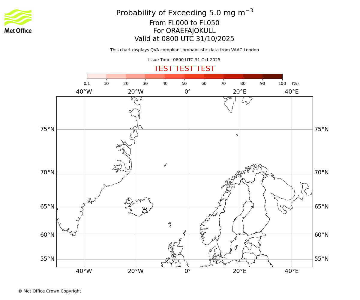 Probability of exceeding 5.0 milligrams per metre cubed. From 000 to 050 for ORAEFAJOKULL. Valid at 0800 UTC 31/10/2025