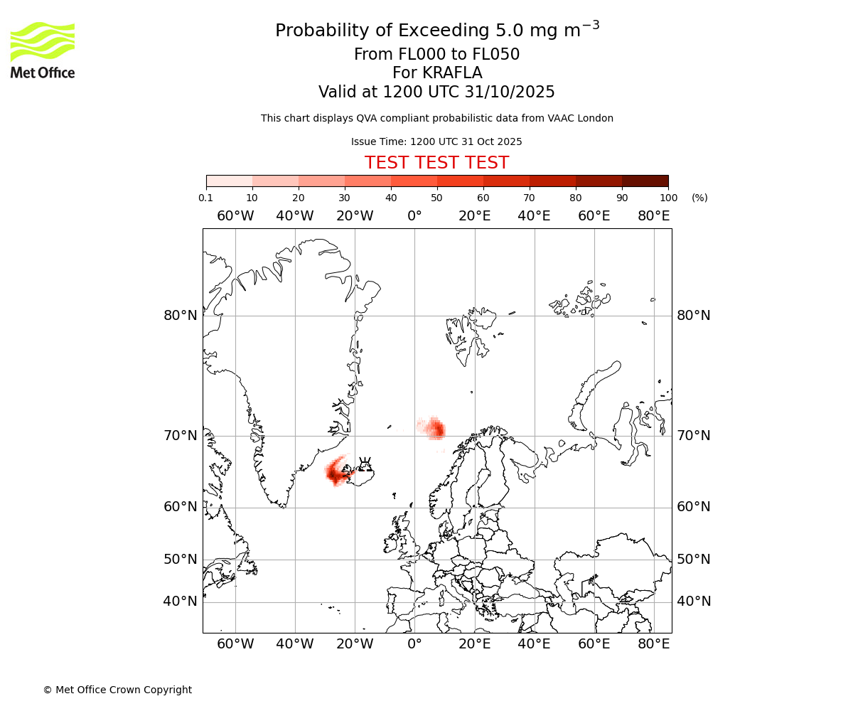 Probability of exceeding 5.0 milligrams per metre cubed. From 000 to 050 for KRAFLA. Valid at 1200 UTC 31/10/2025