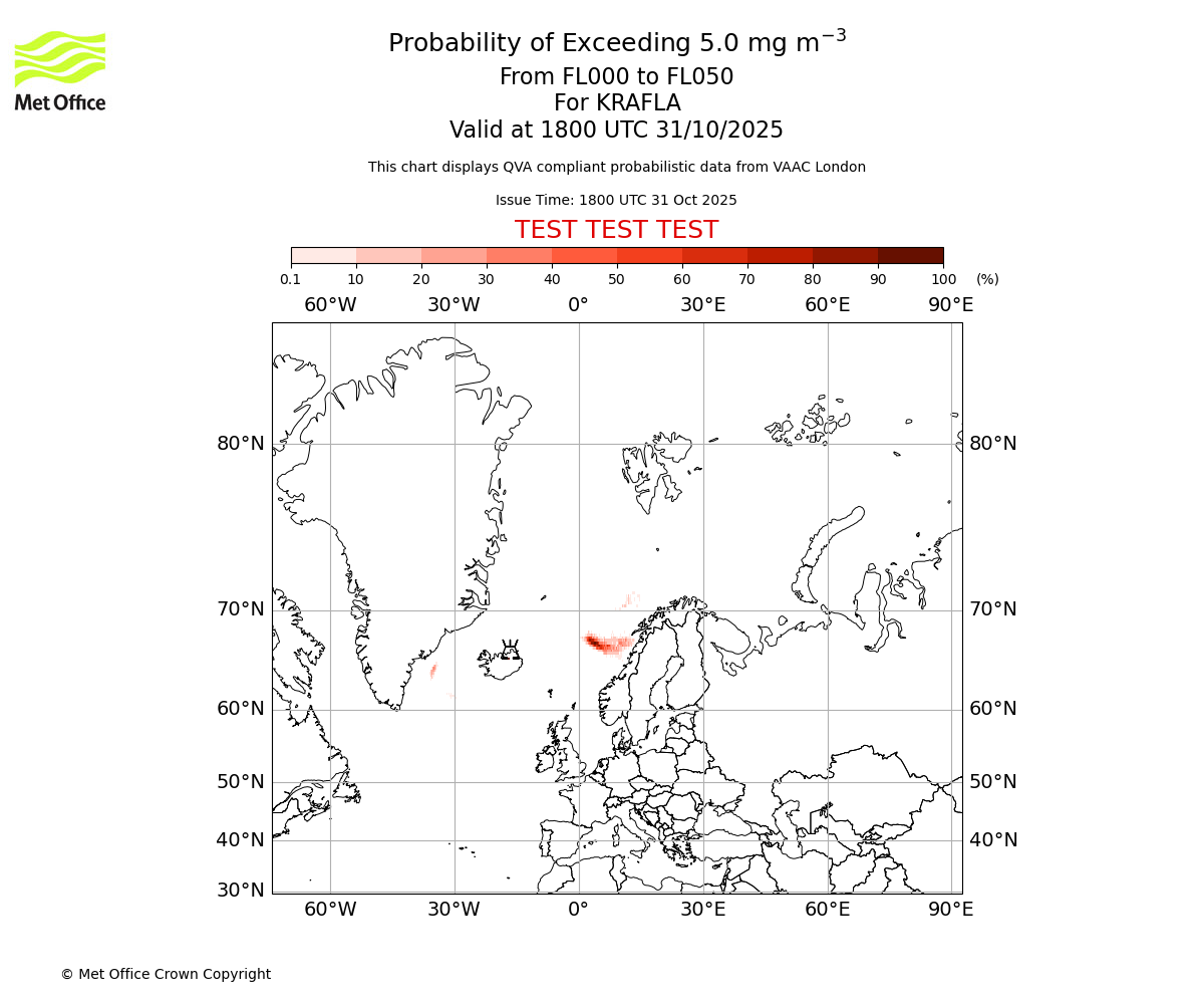 Probability of exceeding 5.0 milligrams per metre cubed. From 000 to 050 for KRAFLA. Valid at 1800 UTC 31/10/2025