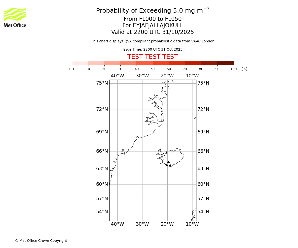 Probability of exceeding 5.0 milligrams per metre cubed. From 000 to 050 for EYJAFJALLAJOKULL. Valid at 2200 UTC 31/10/2025